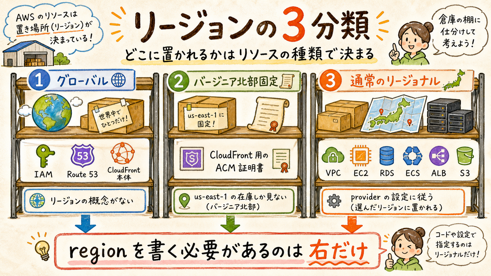 AWS リソースをグローバル / バージニア北部固定 / 通常のリージョナルの 3 つの棚に仕分ける図